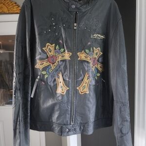 Ed Hardy Women's Gray Leather Jacket with Cross Design